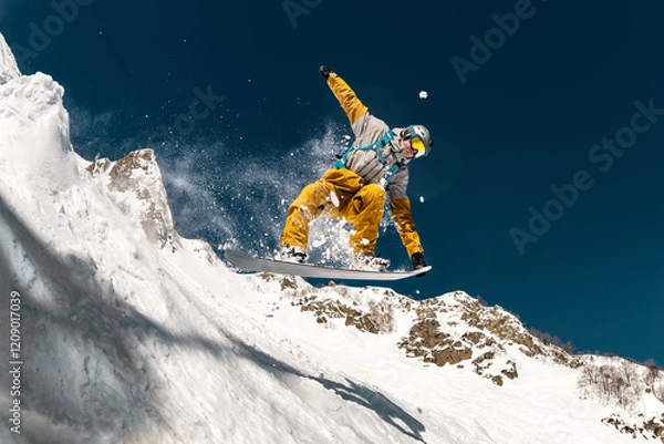 Obraz Professional male snowboarder jumps in powder snow from kicker against white snow capped mountains and blue sky. Freeride concept at ski resort