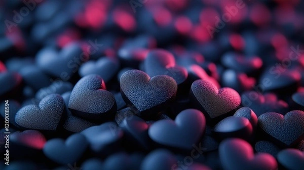 Fototapeta A 3D rendering of countless small black hearts scattered into a perfect heap, their matte and glossy surfaces catching subtle highlights.