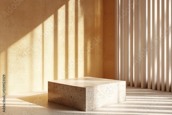Obraz Minimalist beige room with sunlit terrazzo podium.