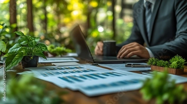 Fototapeta Businessman working on laptop with financial reports in a green office.