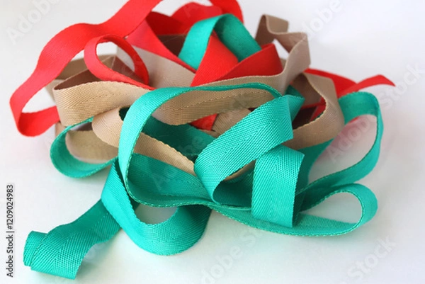 Obraz Lots of brightly colored straps. Flat webbing or cotton straps for sewing handles to bags.