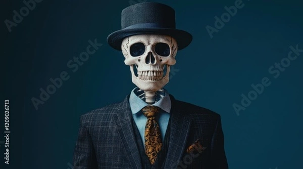 Fototapeta Stylish skeleton in a suit and hat posing against a blue background showcasing a unique blend of elegance and macabre charm.
