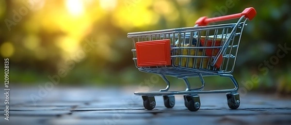 Fototapeta Miniature shopping cart with colorful items outdoors.