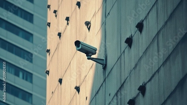 Obraz Security camera mounted on building wall illustrating surveillance technology and urban security measures in modern architecture.