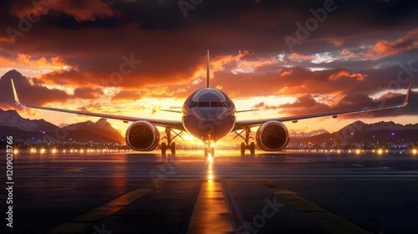 Fototapeta A dramatic perspective of an airport runway as a plane prepares for takeoff at sunrise.