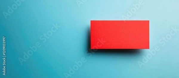 Fototapeta Red rectangular card positioned diagonally on a soft blue background, ideal for business branding and commercial concepts, with ample negative space for text.
