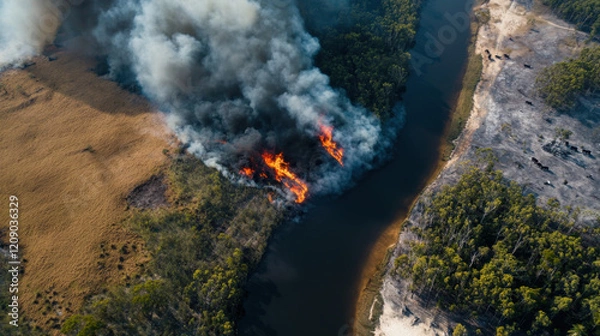 Fototapeta Aerial view of a river surrounded by burning vegetation and smoke, highlighting the devastation of wildfires in a natural landscape.