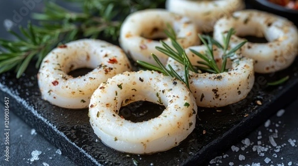 Fototapeta Fresh squid rings seasoned with rosemary and spices on a black slate board ready for grilling or frying in a culinary setting
