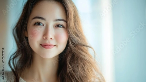 Fototapeta Radiant woman with natural glow and soft smile illuminated by natural light in serene indoor setting