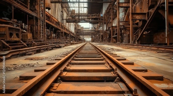Fototapeta Industrial Railway Tracks Among Rusty Machinery and Abandoned Structures