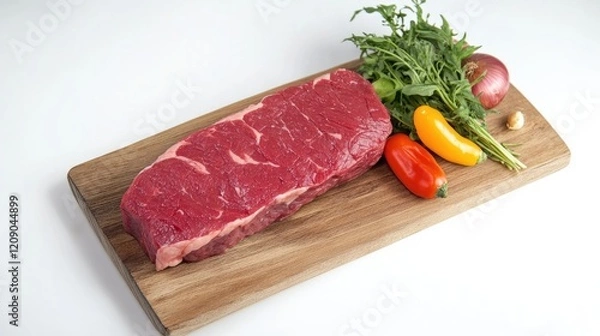 Fototapeta Fresh raw steak on wooden cutting board with assorted colorful vegetables ready for cooking or grilling in a clean kitchen environment.