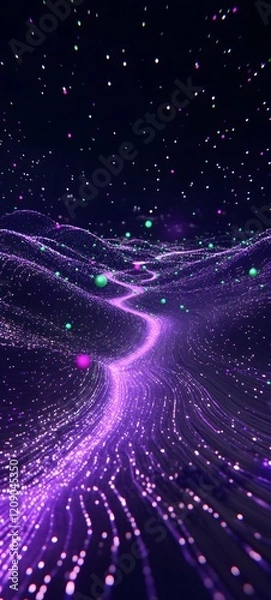 Fototapeta Streams of data flow in a flowing wave, each data particle is a ball, some data points are green, atmosphere technology