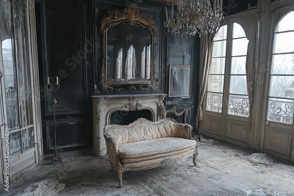 Fototapeta Abandoned Luxurious Interior - A Hauntingly Beautiful Room with Decaying Furniture and Elegant Chandelier in a Vintage Setting
