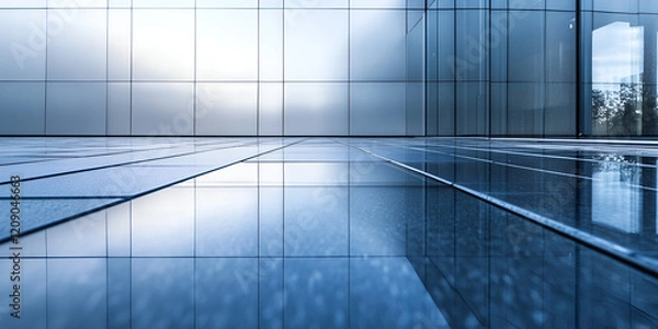 Fototapeta Modern Architecture Reflection: An abstract minimalist view of sleek modern architecture with a reflective floor, showcasing a sense of clean lines, vast space, and a contemporary aesthetic. 