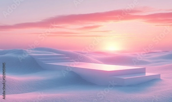 Fototapeta Minimalist Beach Podium Display with Soft Pastel Sunlight and Sandy Textures at Dawn