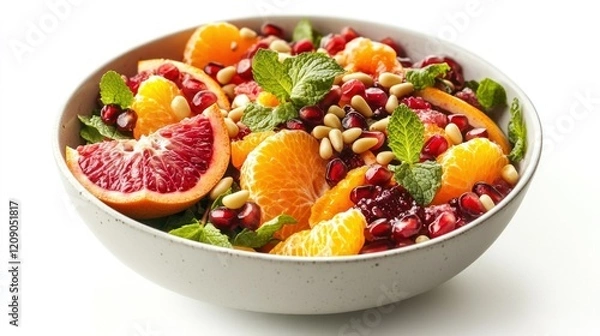 Fototapeta A vibrant bowl of salad with pomegranate, oranges, grapefruit, persimmons, pine nuts, agave nectar, and mint leaves