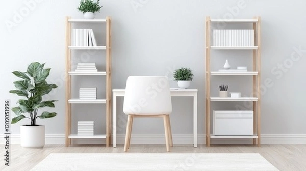 Fototapeta Minimalist home office with desk, chair, bookshelves, and plants