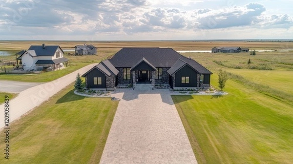 Fototapeta Aerial perspective showcasing a spacious residence with an expansive driveway leading towards the entrance, surrounded by lush greenery and landscaping.