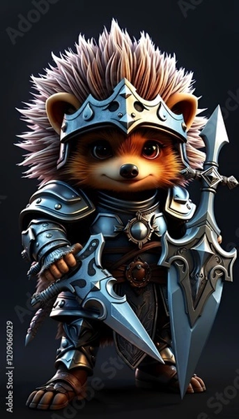 Fototapeta Brave Hedgehog Knight in Shining Armor: A Whimsical 3D Render of a Cute Fantasy Warrior, Standing Proudly with Sword and Shield Against a Dark Background, Showcasing Detailed Armor, Spiky Fur, and Det