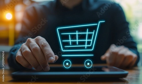Fototapeta Male hand using online banking and icon. Technology Ecommerce Commercial. Online payment digital and shopping on network connection. All on tablet screen are designed up., Generative AI