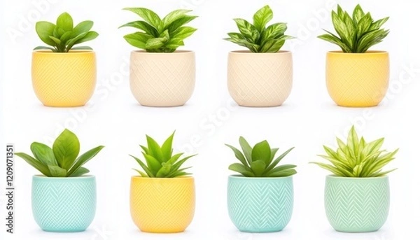 Fototapeta A vibrant arrangement of potted plants in various colors and styles, showcasing greenery in a clean setting