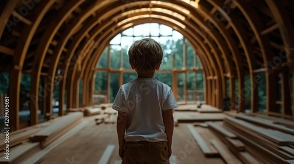 Fototapeta Young Boy Contemplating Wooden Structure