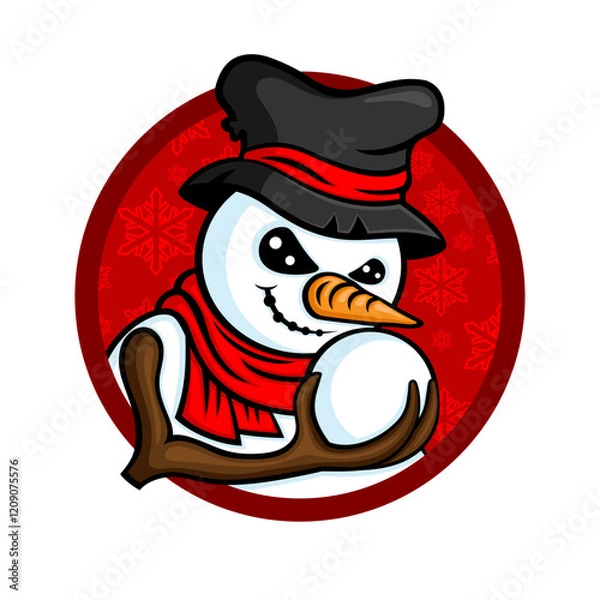 Fototapeta Red round icon with angry snowman on white background.