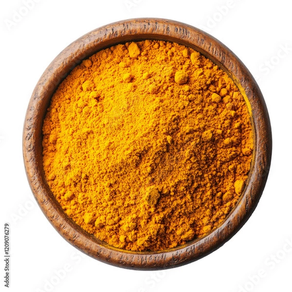 Fototapeta Turmeric powder in wooden bowl isolated on transparent background. Top view.
