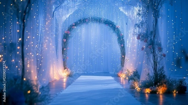 Fototapeta Enchanted wedding arch, floral decor, indoor ceremony, romantic lights, event backdrop