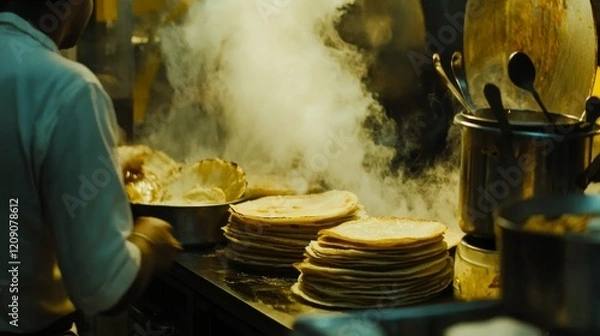 Fototapeta A dynamic shot of freshly made dosas stacked high, served with coconut chutney and sambar on the side, emphasizing the textures and flavors of this popular South Indian dish