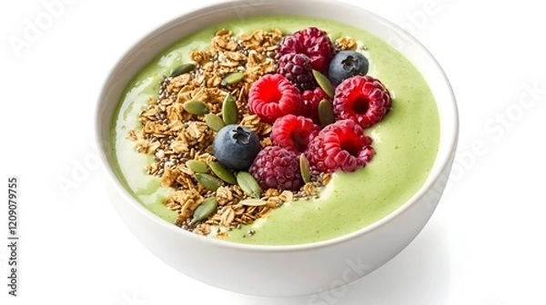 Fototapeta Healthy Green Smoothie Bowl with Berries and Granola Toppings, Generative AI.