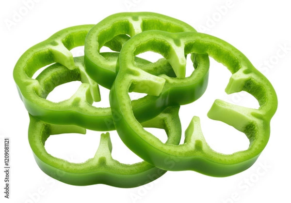 Fototapeta Three green bell pepper slices stacked slightly overlapping, isolated on white background