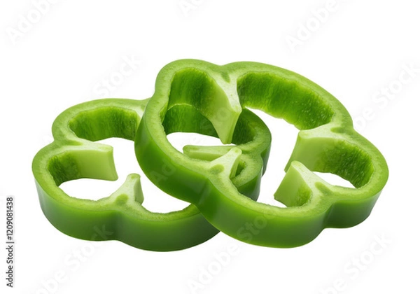 Fototapeta Three green bell pepper slices stacked slightly overlapping, isolated on white background