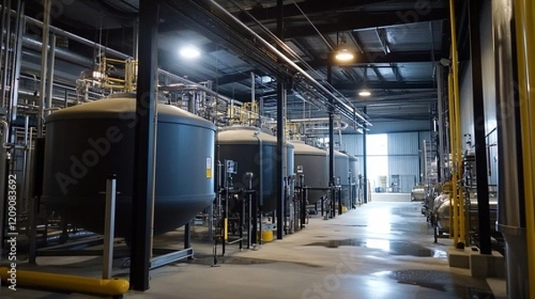 Obraz Industrial facility interior large tanks, pipes, processing