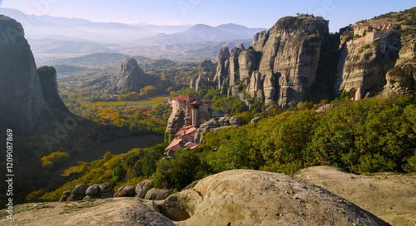 Obraz Panorama of Meteora landscape with monastery in Greece