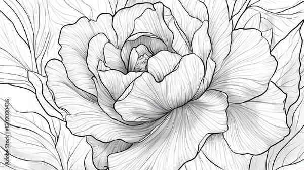 Fototapeta A detailed line drawing of a blooming rose, showcasing its layered petals and natural curves, ideal for botanical, romantic, and decorative themes.