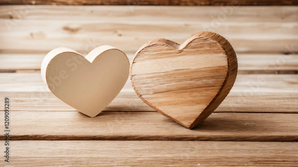 Fototapeta "Experience the warmth of handcrafted wooden hearts,a perfect symbol of love and simplicity.Ideal for romantic, rustic, and timeless designs." 