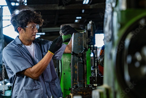 Fototapeta Men are inspecting steel parts for machine installation. team of teacher and student are learning to use heavy machines in steel factory. workers cooperate while doing quality control of manufactured.