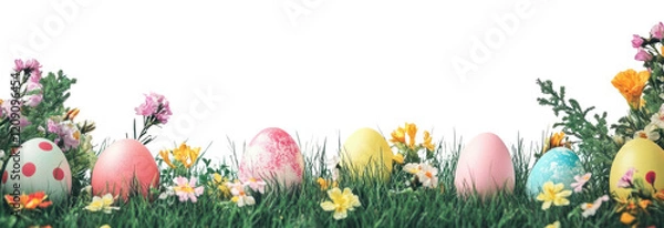 Fototapeta PNG Easter eggs on green grass border background colorful flowers.