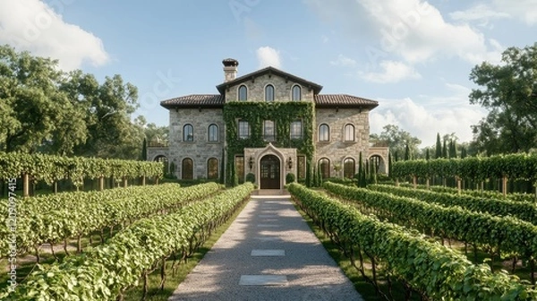 Fototapeta Elegant Mansion Surrounded by Vineyard Rows