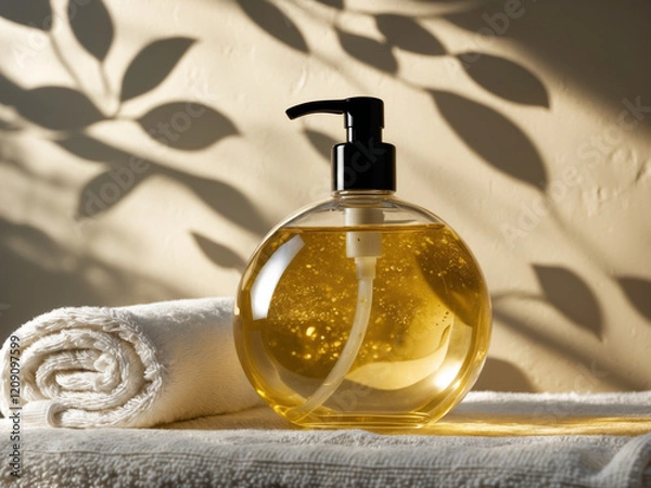 Fototapeta A round transparent pump bottle filled with golden liquid, placed on white towels with soft shadows of leaves on a beige background, creating a spa-like ambiance.
