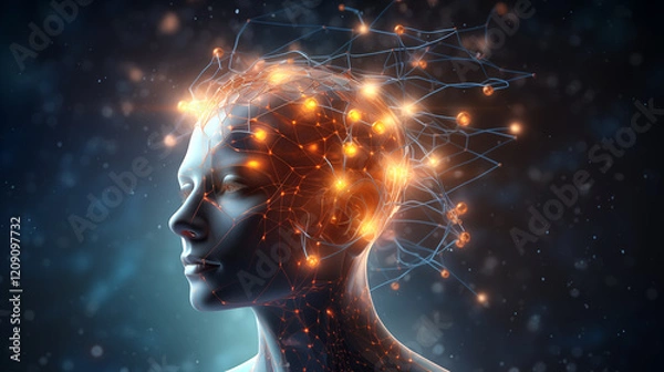 Fototapeta person's head is connected to a neural network, with glowing nodes, representing the integration of human consciousness with advanced artificial intelligence. 