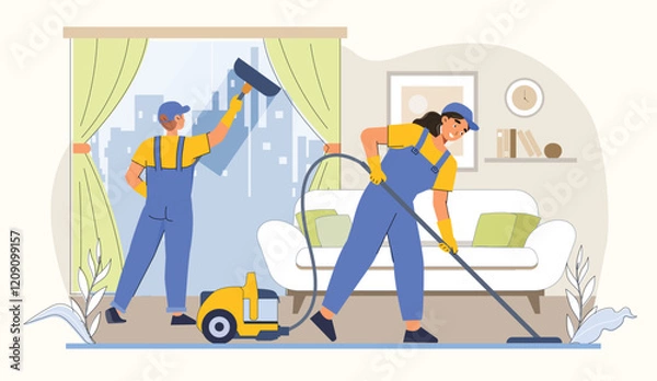 Obraz Housekeeping service illustration showcasing window cleaning and vacuuming tasks.