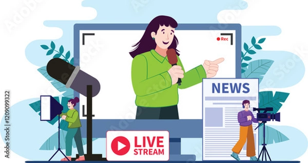 Obraz Live news broadcast concept illustration with a reporter and camera crew in action.