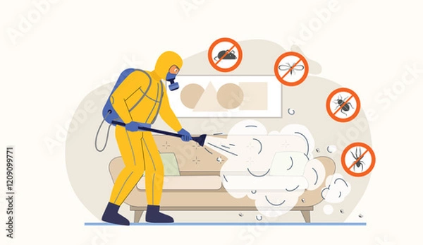 Obraz Pest control service illustration with a worker in protective gear spraying for insects.