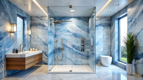 Fototapeta Minimalist interior design of modern walk shower are simplicity with marble blue and white wall