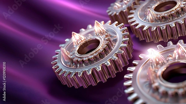 Fototapeta Interlocking Metallic Gears Precision Engineering Rose Gold Cogwheels Abstract Machinery
