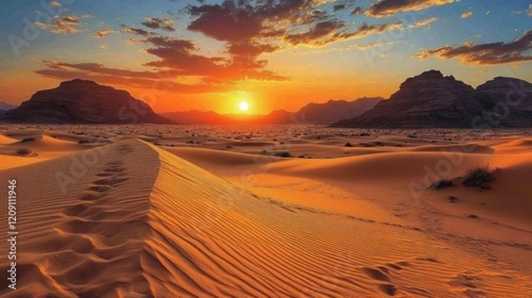 Fototapeta Breathtaking sunset over vast desert landscape with dramatic clouds and distant mountains