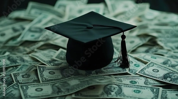Fototapeta A black graduation cap rests atop a pile of dollar background