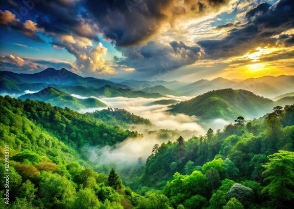Fototapeta Misty mountains shrouded in an overcast sky, a panoramic view of a serene forest landscape.